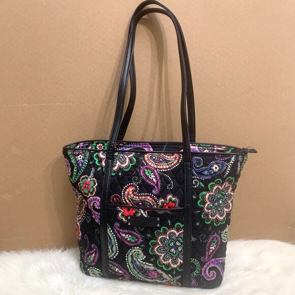 VERA BRADLEY Black Multicolor Paisley KIEV Shopper Shoulder Tote Leather Straps - Picture 13 of 13